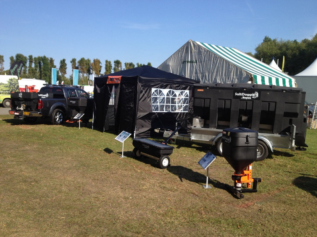 Gritex display of towable and vehicle-mounted SaltDogg spreaders