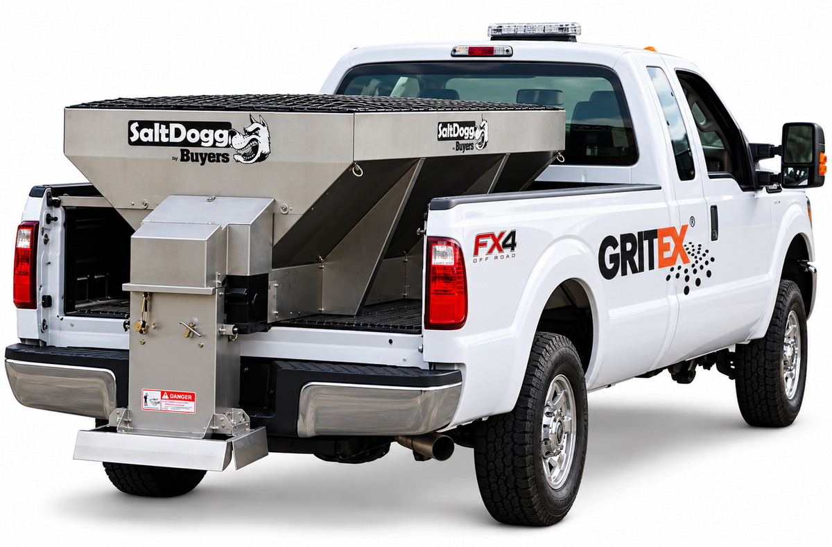 SaltDogg stainless steel hopper spreader fitted to a white GRITEX pickup