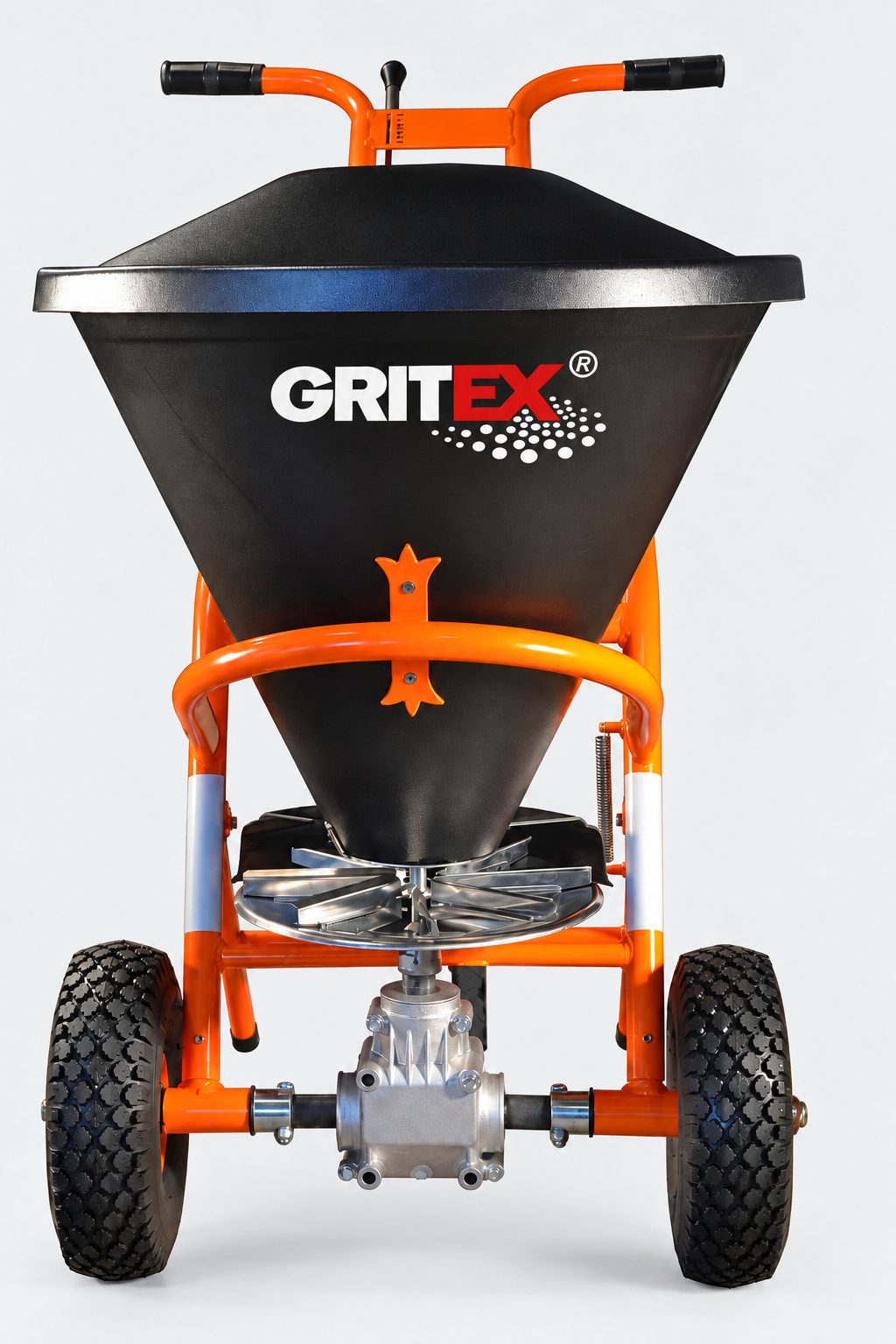 GRITEX Mont Blanc 50kg hand salt spreader with black hopper and orange frame