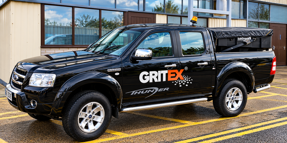 GRITEX Ford Ranger pickup fitted with a SaltDogg SHPE1000 hopper salt spreader