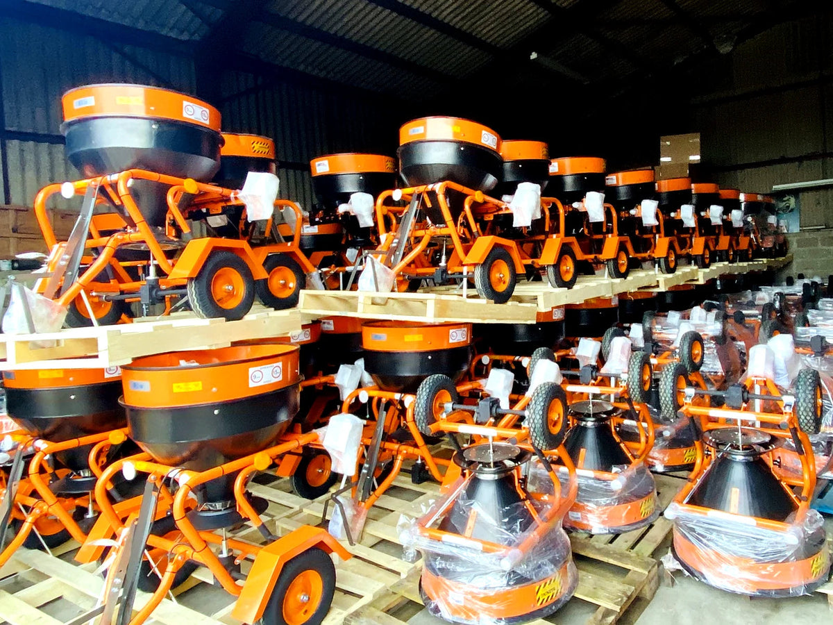 Fuji 250kg towable salt spreaders in warehouse stock