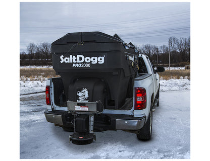 SaltDogg PRO2000 spreader mounted on a pickup truck, rear view