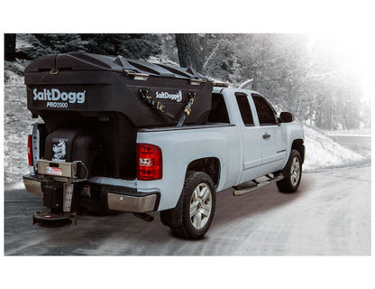 SaltDogg PRO2000 spreader mounted on a pickup truck, side view