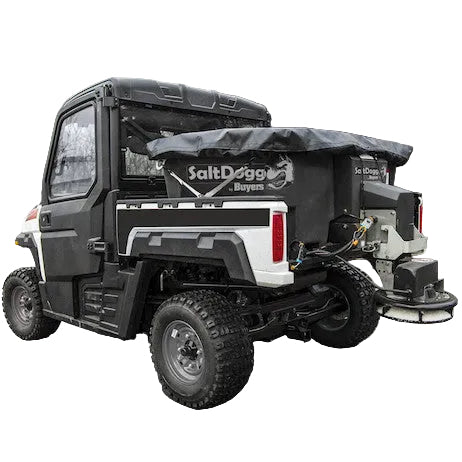 SaltDogg SHPE0400 mounted on utility vehicle, rear three-quarter view