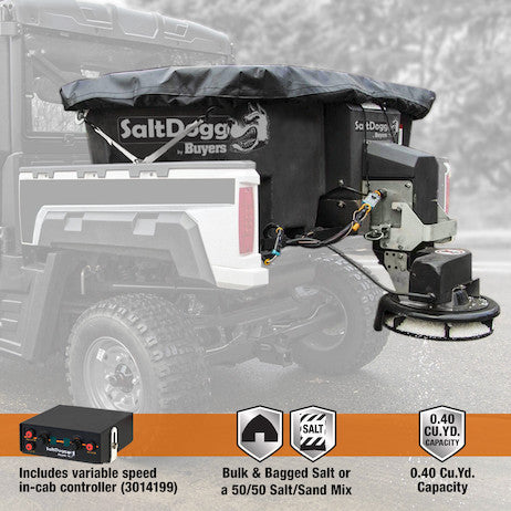 SaltDogg SHPE0400 0.40 cubic yard capacity and controller infographic