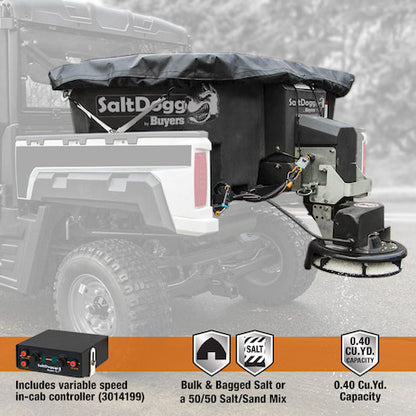 SaltDogg SHPE0400 0.40 cubic yard capacity and controller infographic