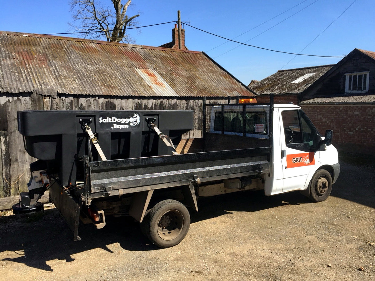 SaltDogg SHPE2000 1600L hopper salt spreader carried in a Gritex service truck
